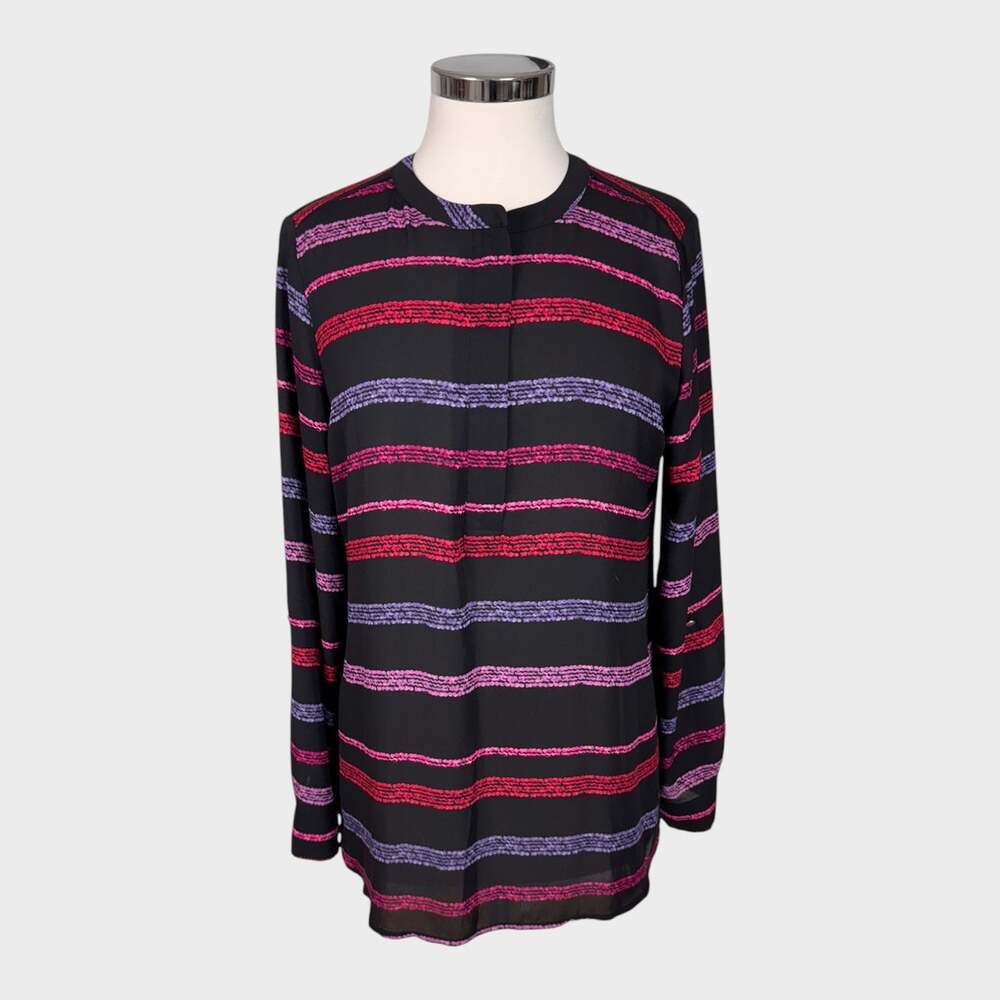 Apt. 9 Medium Black Purple Pink Stripe Polyesterr Blouse Half Button Front